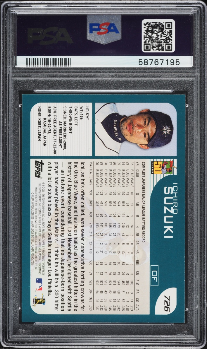 2001 Topps Ichiro Suzuki ROOKIE AUTO DNA 9 #726 PSA AUTH