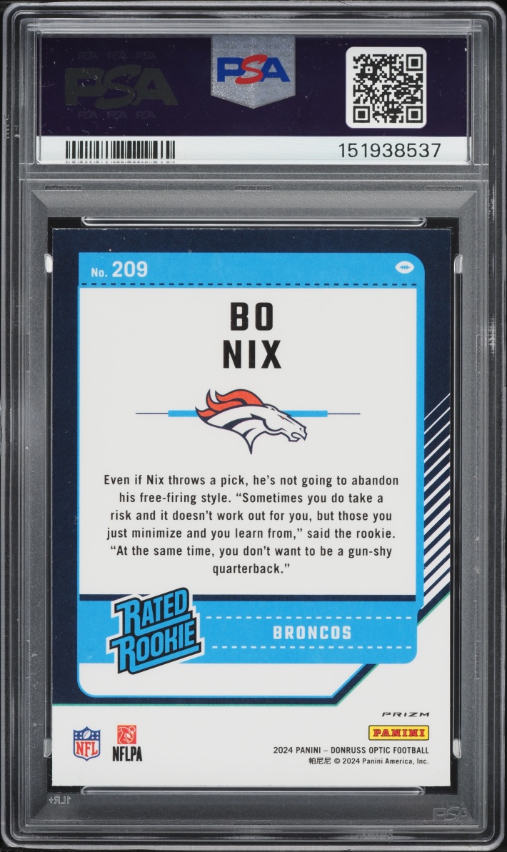 2024 Donruss Optic Purple Shock Prizm Bo Nix ROOKIE #209 PSA 9 MINT