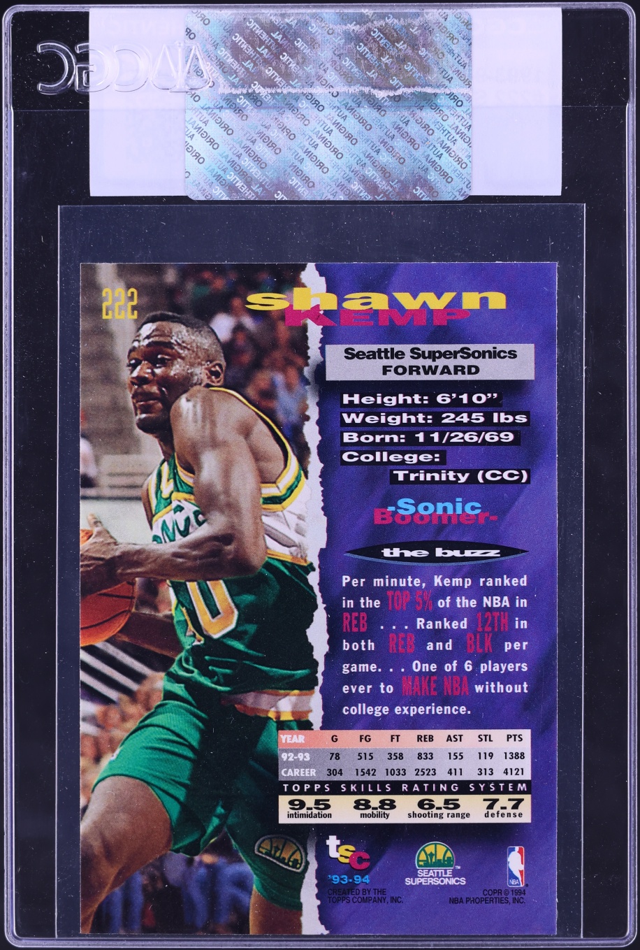 1993 Stadium Club Shawn Kemp #222 CGC AUTH