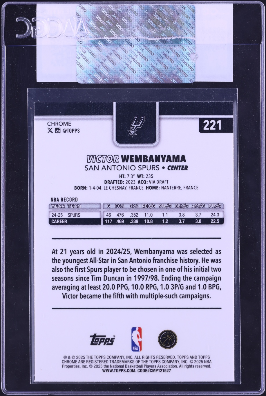 2025 Topps Chrome Raywave Refractor Victor Wembanyama #221 CGC AUTH