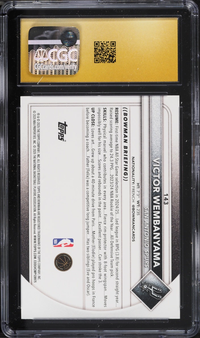 2025 Bowman Basketball Victor Wembanyama #143 CGC 10 PRISTINE