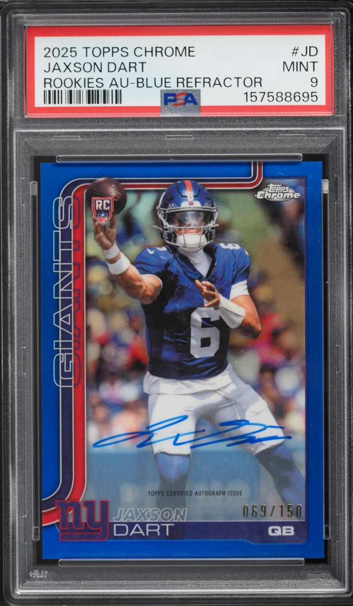 2025 Topps Chrome Blue Refractor Jaxson Dart ROOKIE AUTO /150 #JD PSA 9 MINT