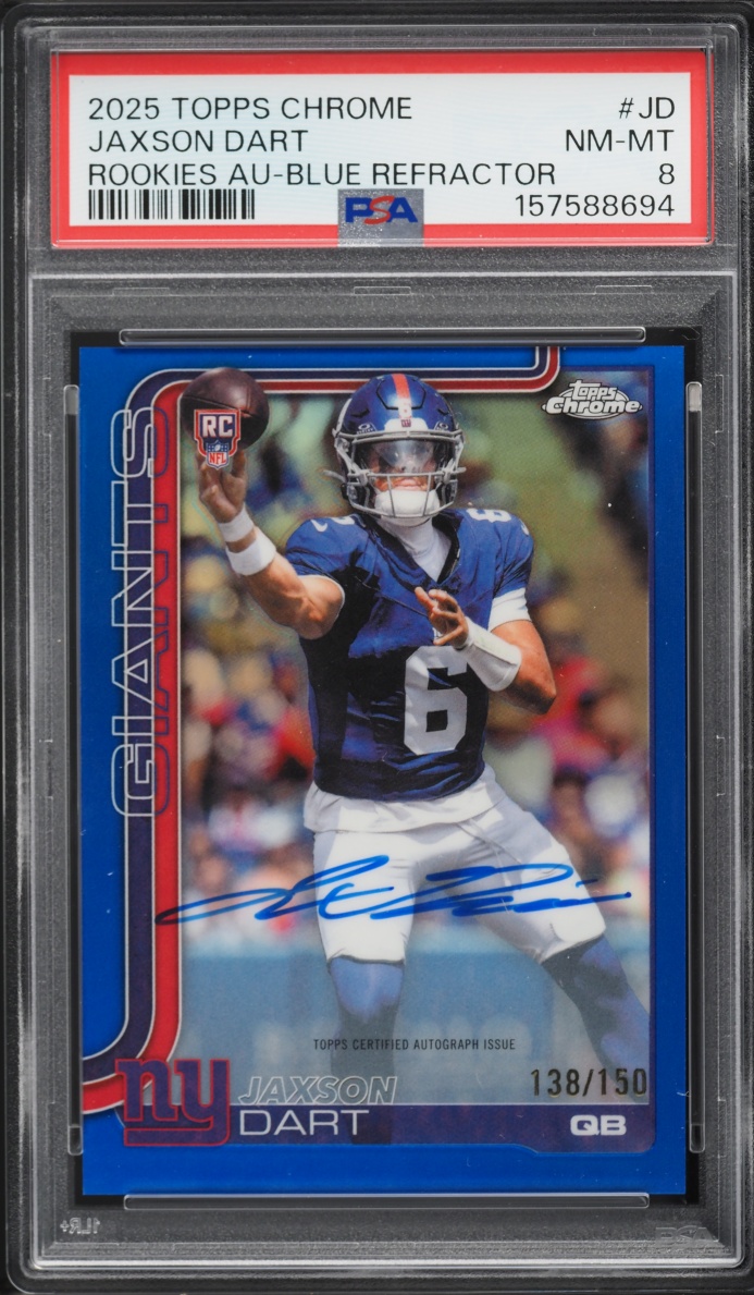 2025 Topps Chrome Blue Refractor Jaxson Dart ROOKIE AUTO /150 #JD PSA 8 NM-MT