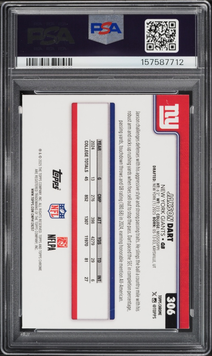 2025 Topps Chrome Jaxson Dart ROOKIE #306 PSA 9 MINT