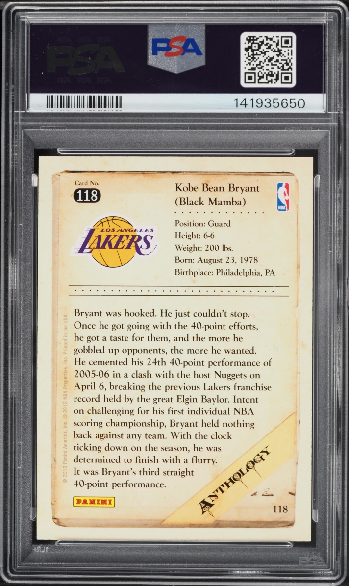 2012 Panini Anthology Kobe Bryant #118 PSA 10 GEM MINT
