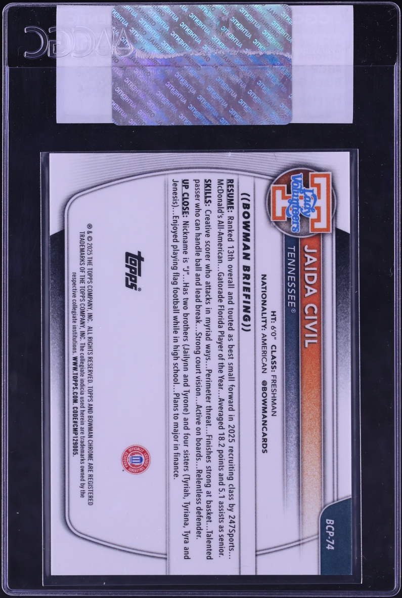 2025 Bowman Chrome University Black Geometric Refractor Jaida Civil ROOKIE 1/10 #BCP74 CGC AUTH
