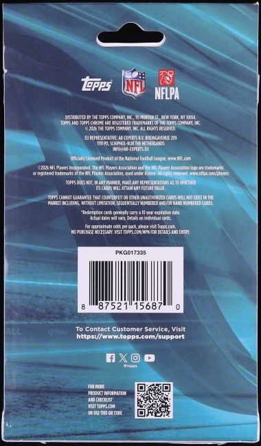 2025 Topps Chrome Football Sealed Hanger Box, 1ct Pack