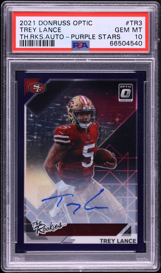 2021 Donruss Optic The Rookies Purple Stars Trey Lance ROOKIE AUTO /25 #TR-3 PSA 10 GEM MINT
