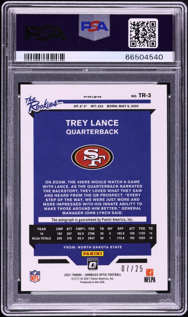 2021 Donruss Optic The Rookies Purple Stars Trey Lance ROOKIE AUTO /25 #TR-3 PSA 10 GEM MINT