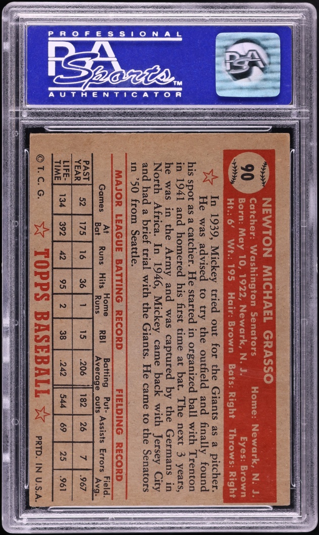 1952 Topps Mickey Grasso #90 PSA 6 EXMT