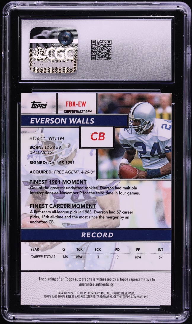 2024 Topps Finest Flashback SuperFractor Everson Walls AUTO 1/1 #FBA-EW CGC 10 GEM MINT