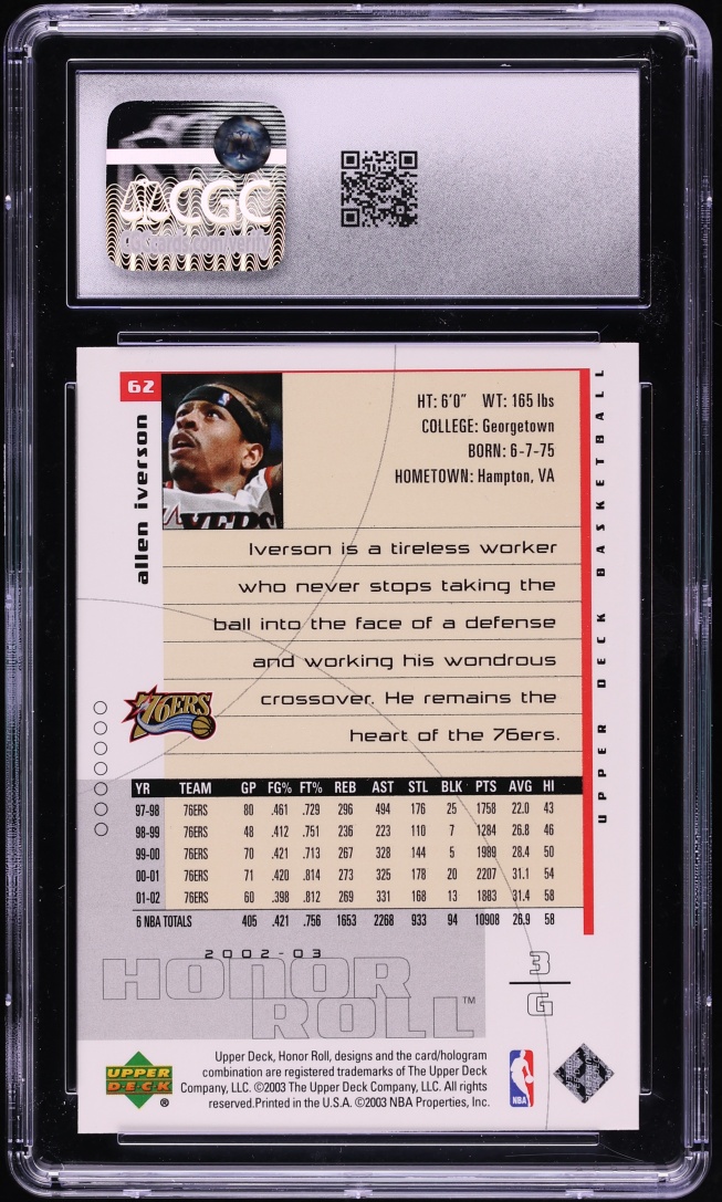 2002 Upper Deck Honor Roll Allen Iverson #62 CGC 10 GEM MINT