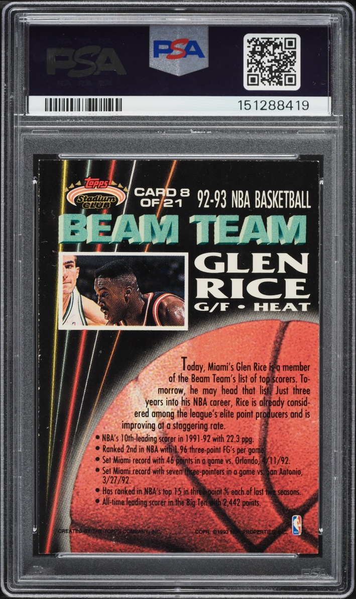 1992 Stadium Club Beam Team Members Only Glen Rice #8 PSA 8 NM-MT