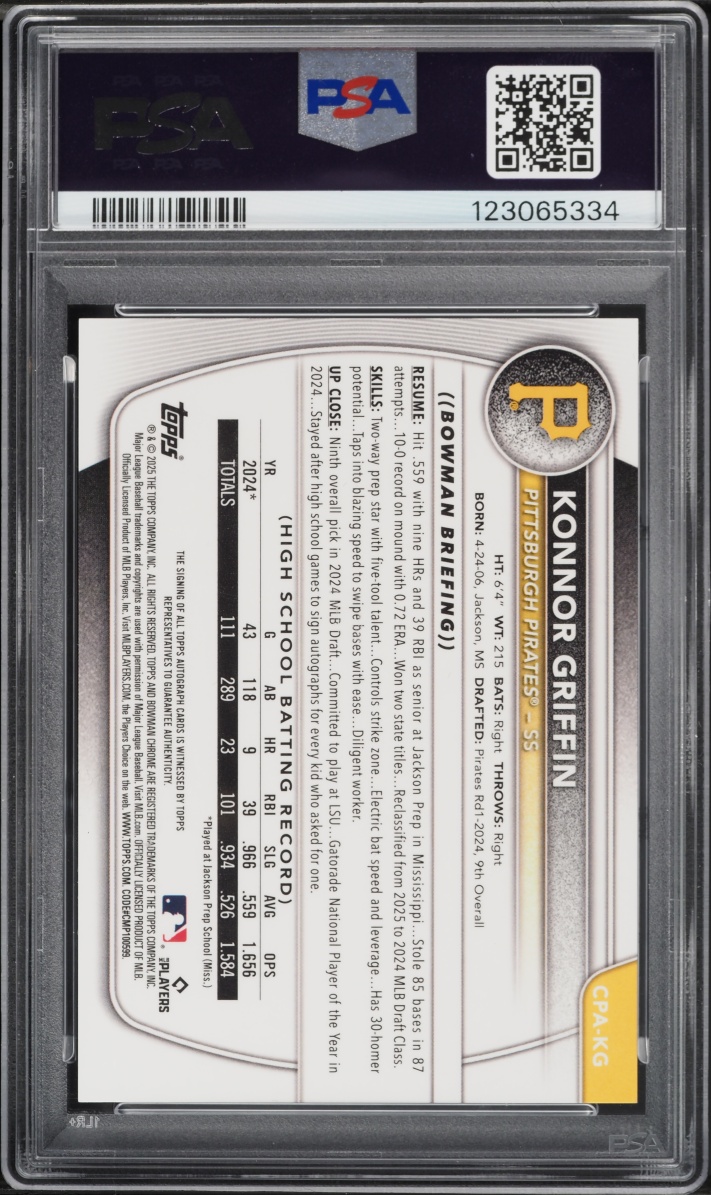 2025 Bowman Chrome Konnor Griffin PROSPECT AUTO #CPA-KG PSA 9 MINT