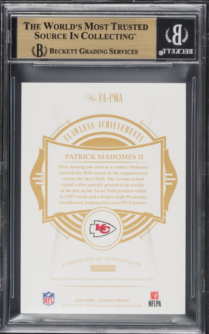 2020 Panini Flawless Achievements Patrick Mahomes II AUTO /10 #FA-PMA BGS 9.5 GEM MINT