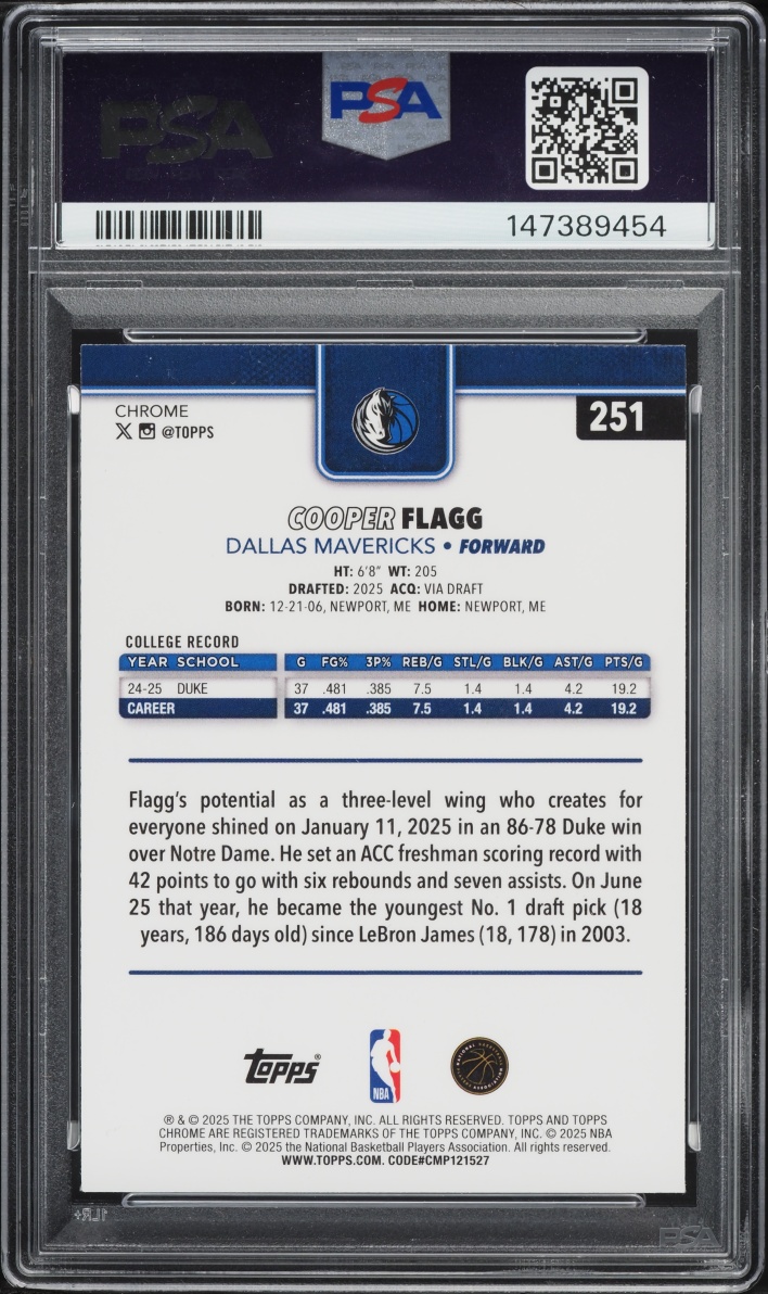 2025 Topps Chrome Cooper Flagg ROOKIE #251 PSA 8 NM-MT