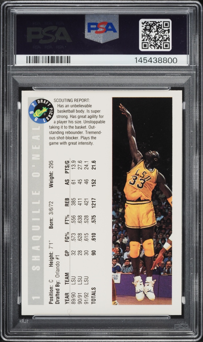1992 Classic Draft Picks Shaquille O'Neal ROOKIE #1 PSA 9 MINT