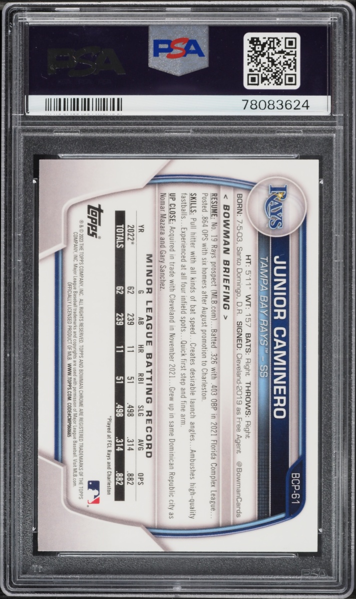 2023 Bowman Chrome Junior Caminero PROSPECT #BCP-61 PSA 9 MINT