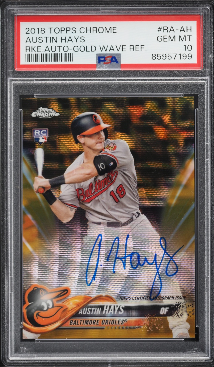 2018 Topps Chrome Gold Wave Refractor Austin Hays ROOKIE AUTO /50 #RA-AH PSA 10 GEM MINT