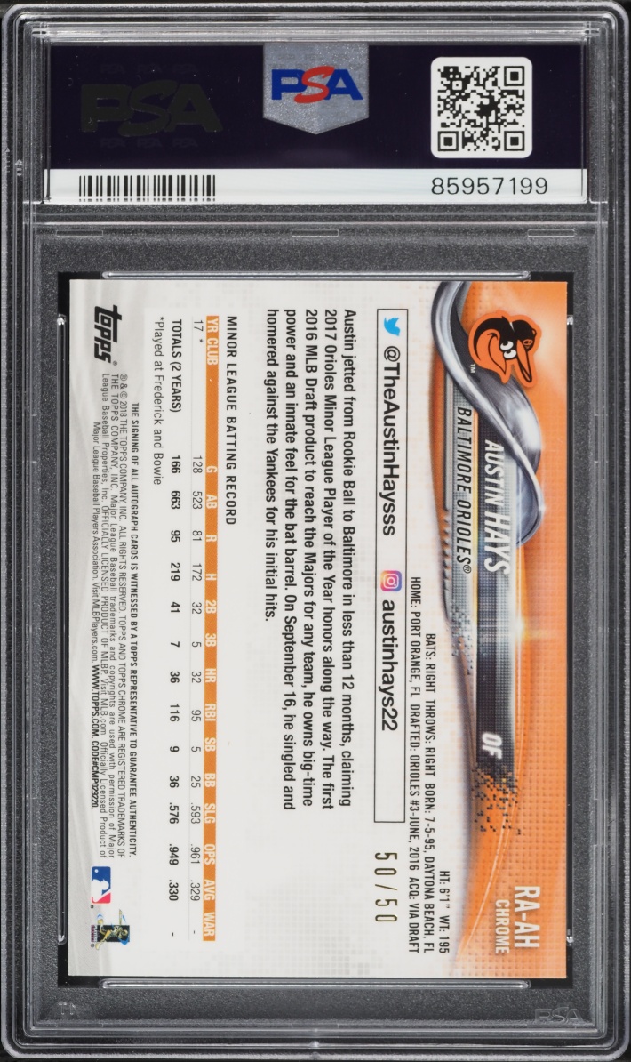 2018 Topps Chrome Gold Wave Refractor Austin Hays ROOKIE AUTO /50 #RA-AH PSA 10 GEM MINT