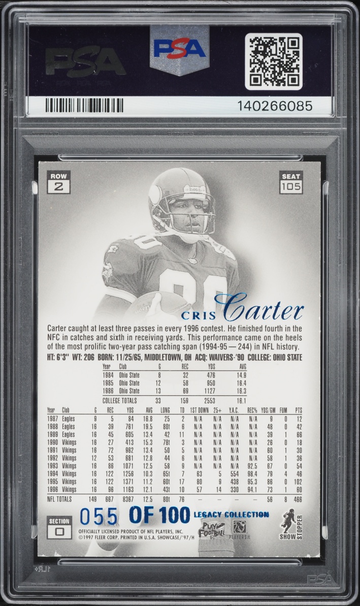 1997 Flair Showcase Legacy Collection Row 2 Cris Carter /100 #105 PSA 7 NRMT