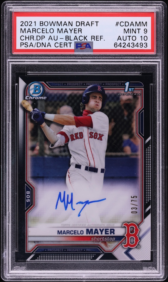2021 Bowman Chrome Draft Pick Black Ref. Marcelo Mayer AUTO DNA 10 /75 #CDAMM PSA 9 MINT
