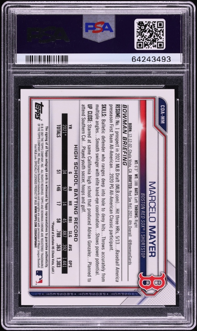 2021 Bowman Chrome Draft Pick Black Ref. Marcelo Mayer AUTO DNA 10 /75 #CDAMM PSA 9 MINT
