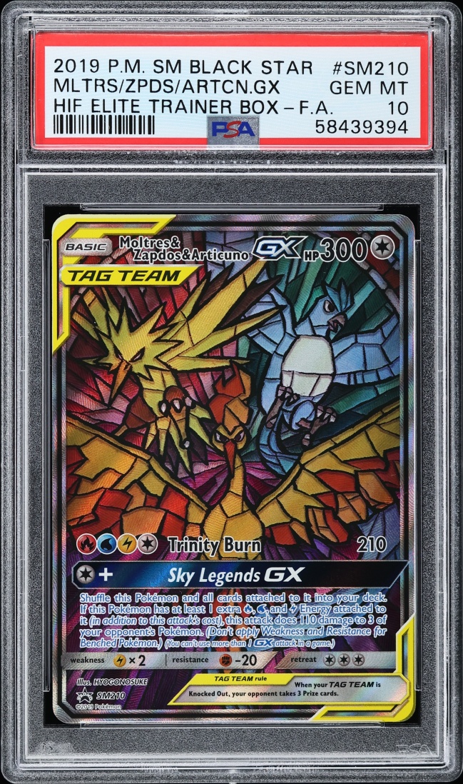 2019 Pokemon SM Promo Hidden Fates ETB Full Art Moltres & Zapdos & Articuno GX #SM210 PSA 10