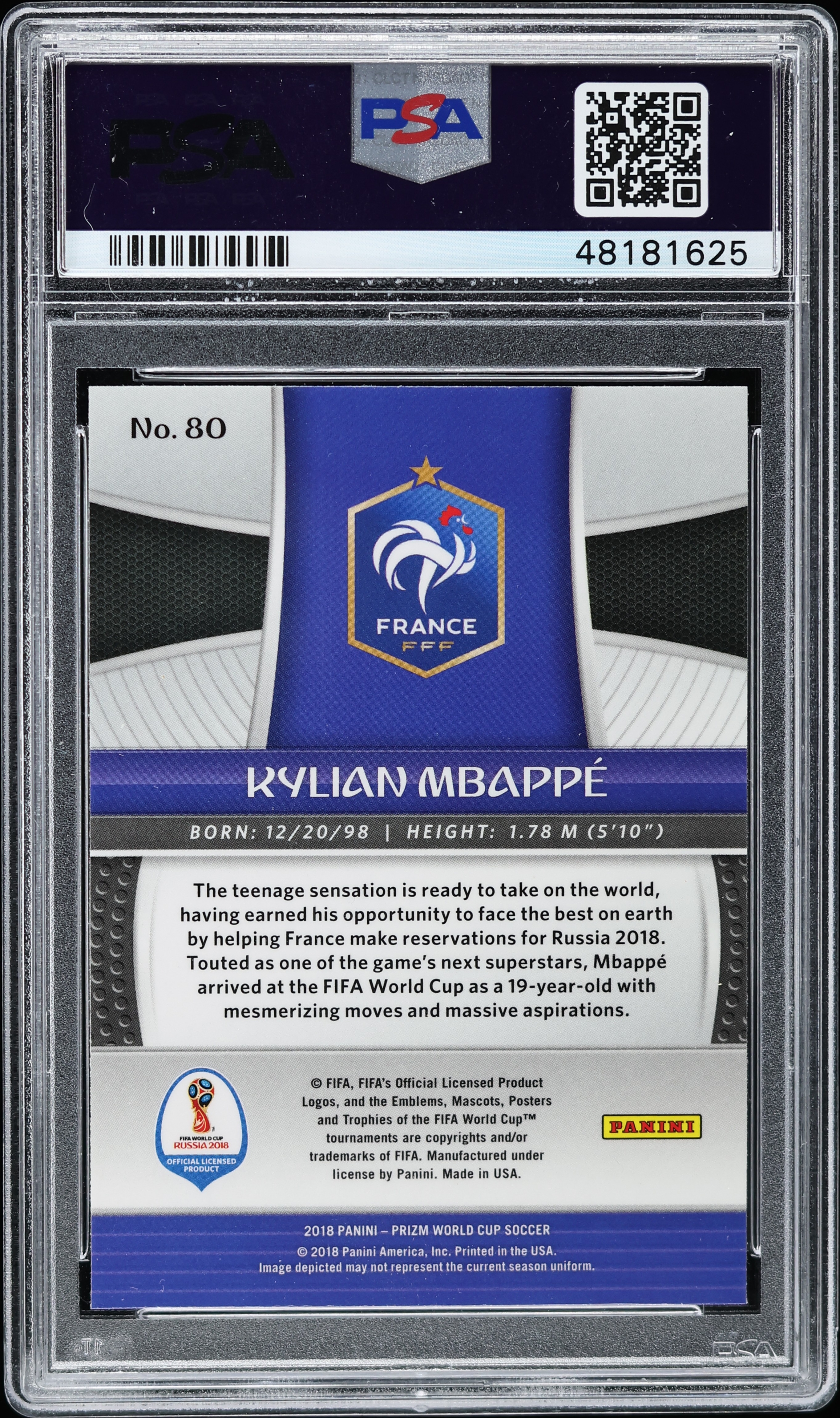 2018 Panini Prizm World Cup Kylian Mbappe ROOKIE #80 PSA 10 GEM