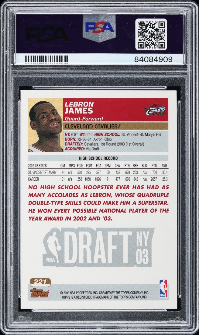 2003 Topps Basketball LeBron James ROOKIE #221 PSA 9 MINT