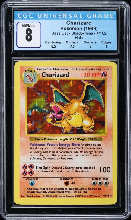 1999 Pokemon Base Set Shadowless Holo Charizard #4 CGC 8 NM-MT