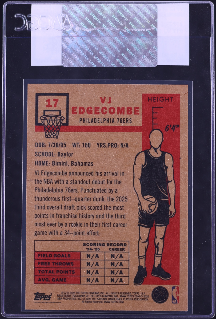 2025 Topps Living Set VJ Edgecombe ROOKIE #17 CGC AUTH