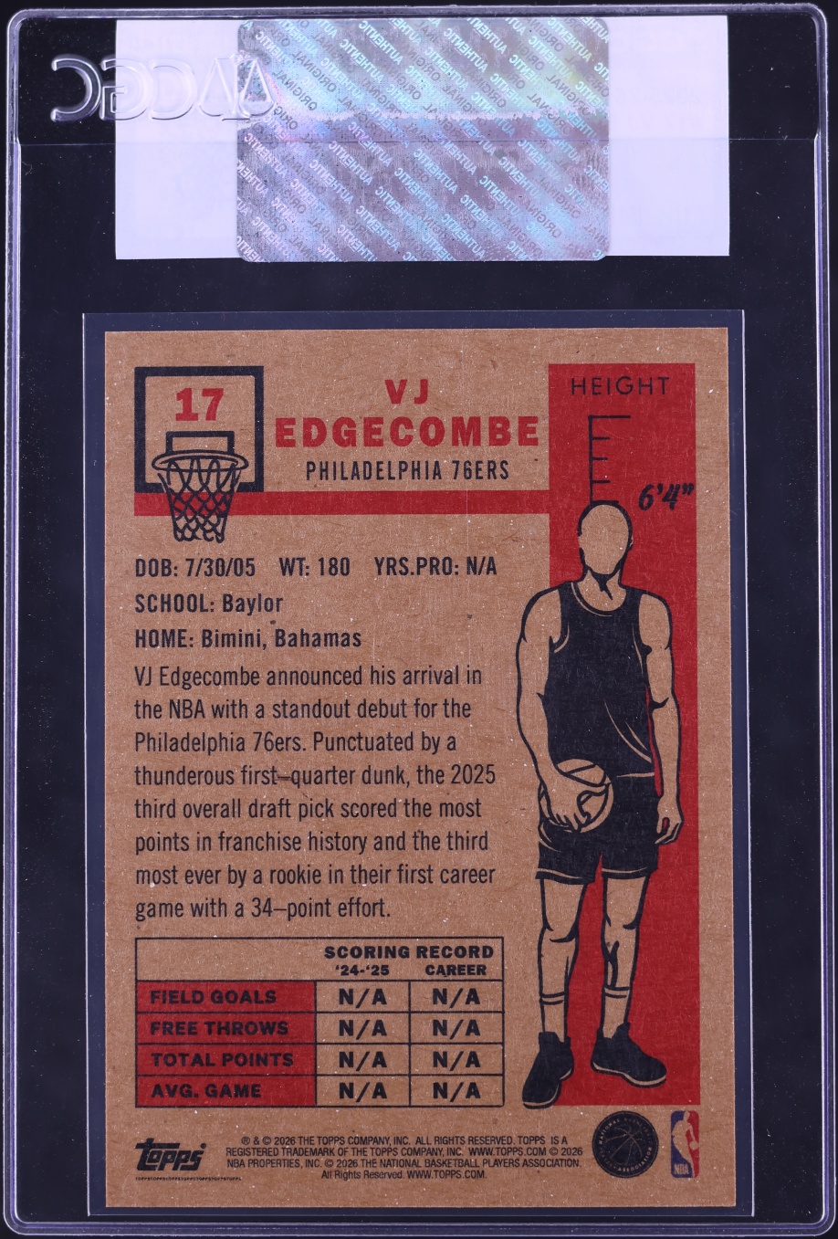 2025 Topps Living Set VJ Edgecombe ROOKIE #17 CGC AUTH