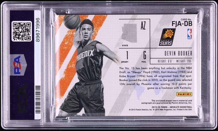 2015 Absolute Frequent Flyers Devin Booker ROOKIE PATCH AUTO DNA 10 #FJADB PSA AUTH