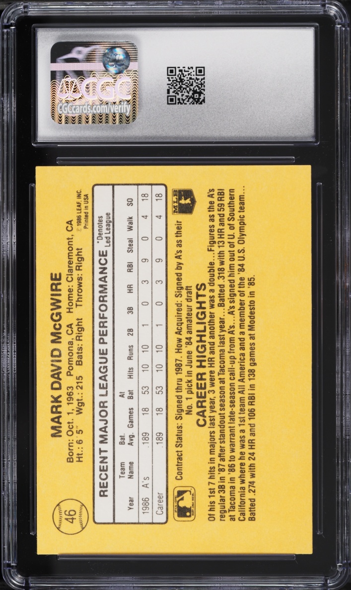 1987 Donruss Mark McGwire ROOKIE #46 CGC 10 GEM MINT