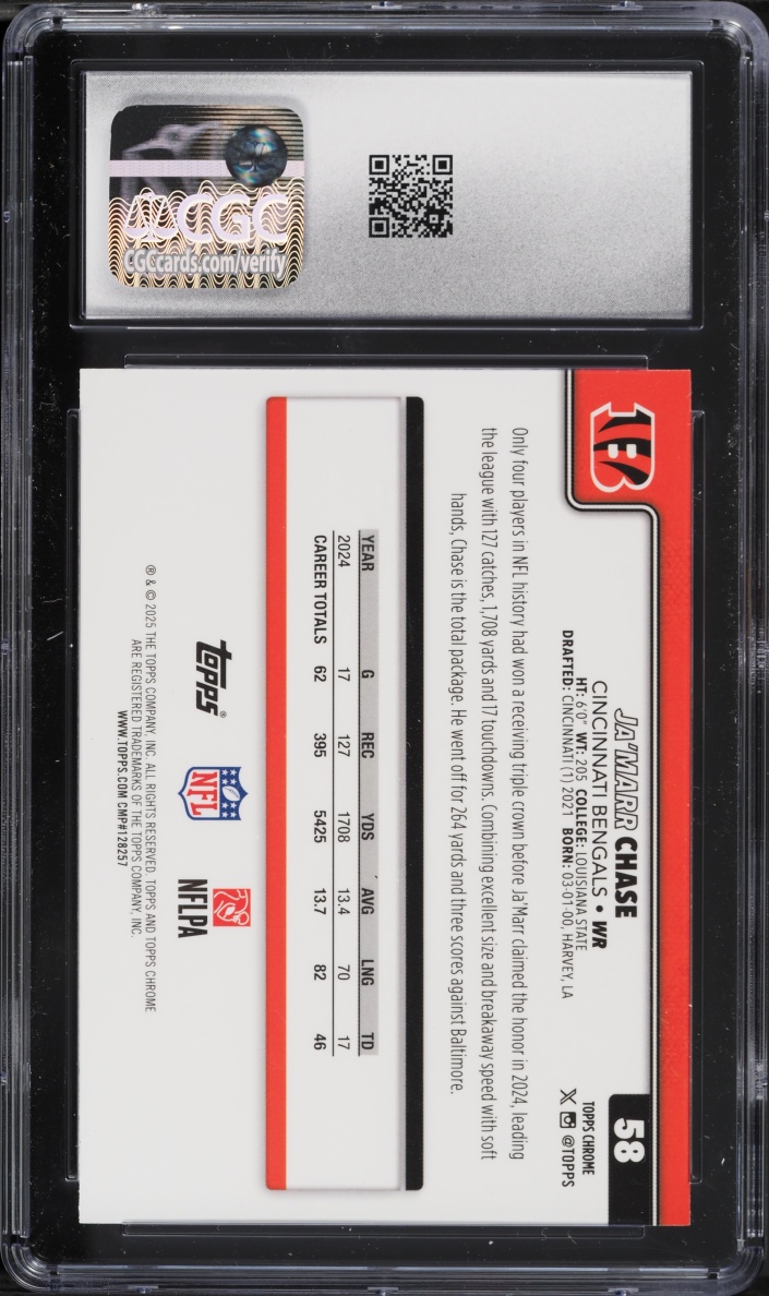 2025 Topps Chrome Pink Refractor Ja'Marr Chase /250 #58 CGC 8.5 NM-MT+