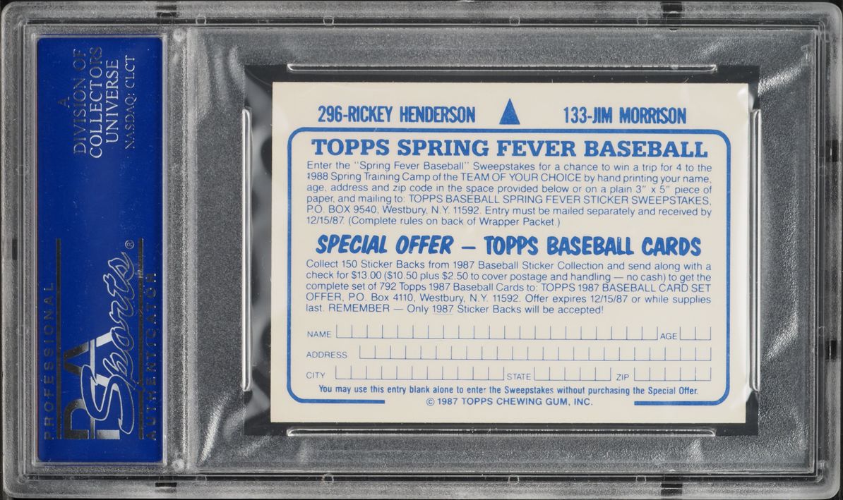 1987 Topps Stickers Hardback Test Jim Morrison & Rickey Henderson PSA 9 MINT