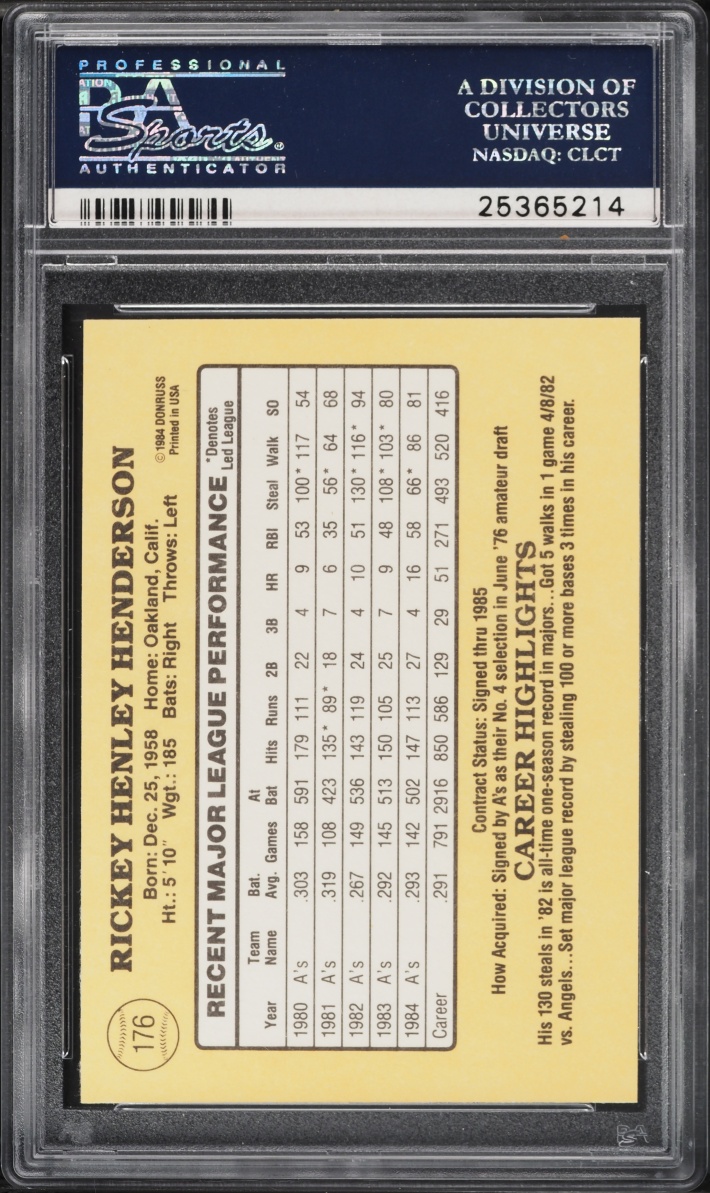 1985 Donruss Rickey Henderson #176 PSA 9 MINT