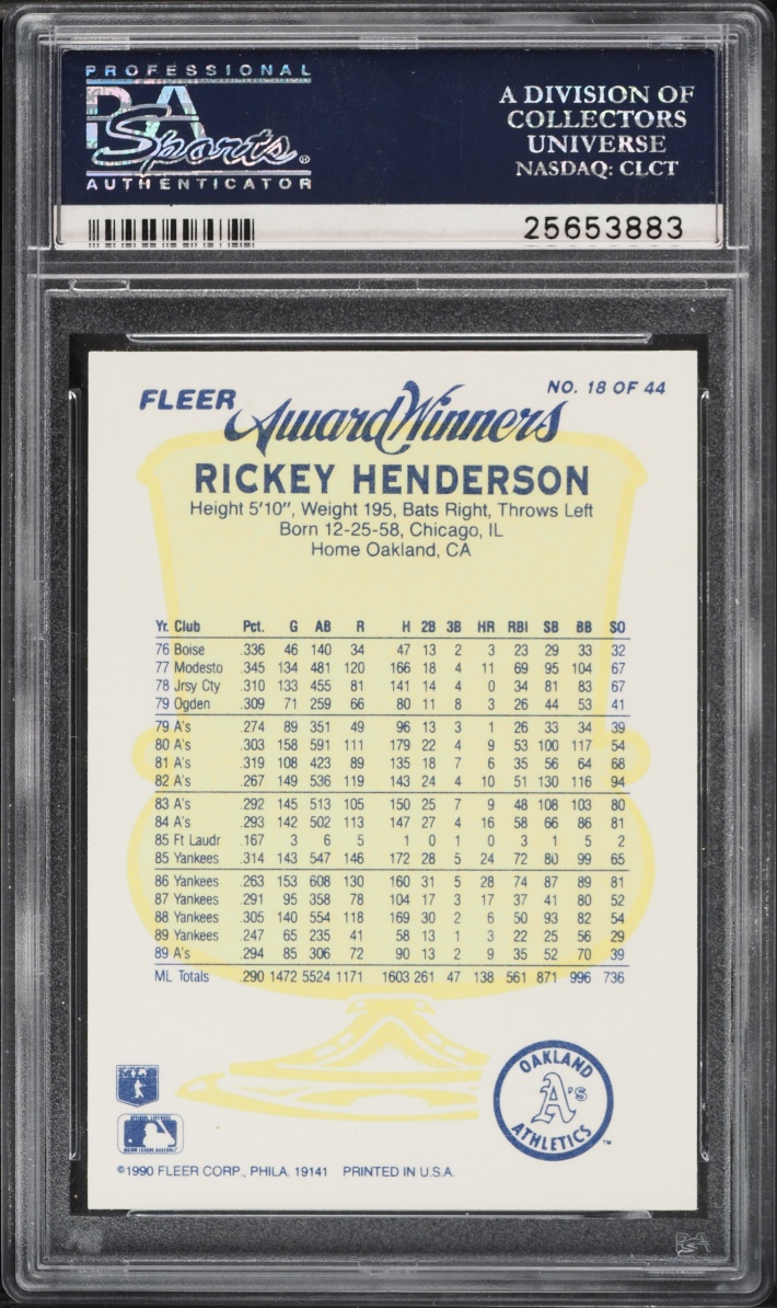 1990 Fleer Award Winners Rickey Henderson #18 PSA 9 MINT