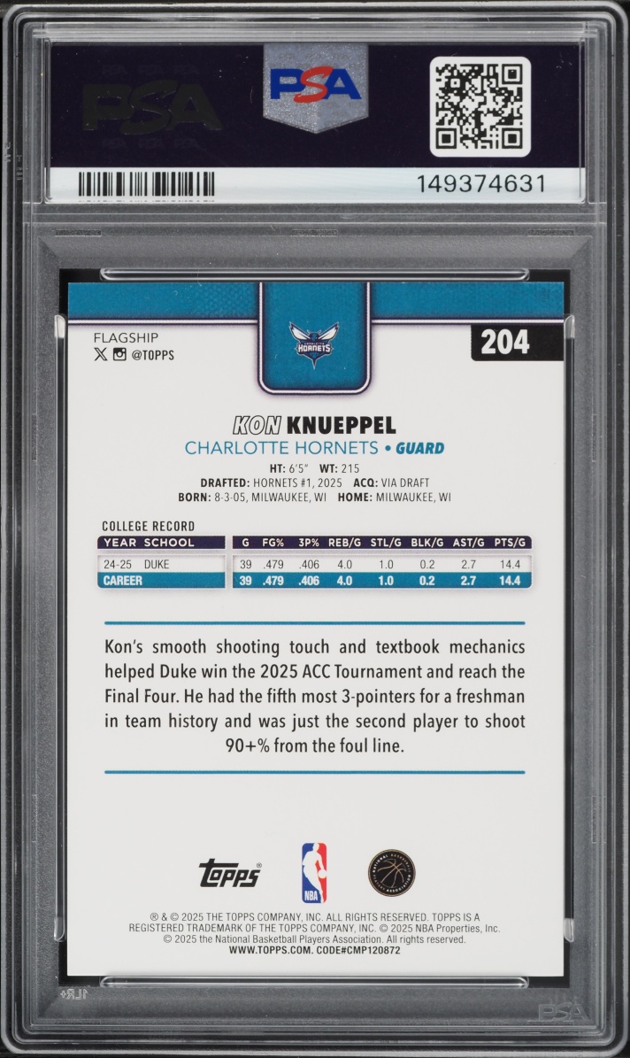 2025 Topps Basketball Kon Knueppel ROOKIE #204 PSA 10 GEM MINT