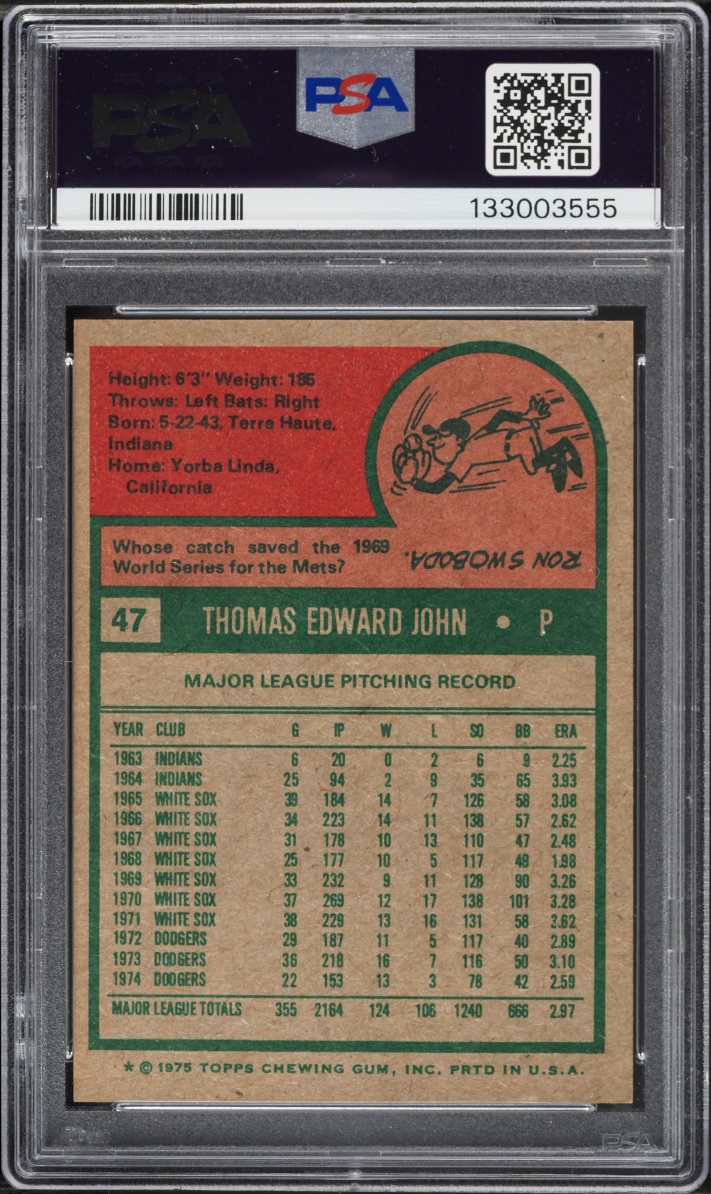 1975 Topps Tommy John #47 PSA 7 NRMT