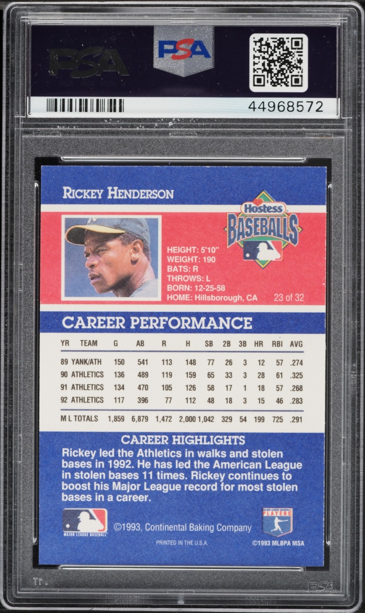 1993 Hostess Twinkies Rickey Henderson #23 PSA 9 MINT