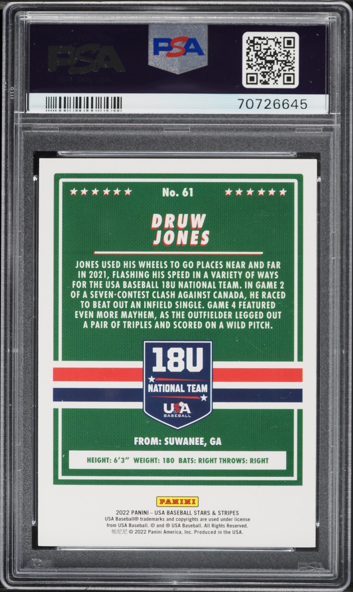 2021 Panini Stars & Stripes USA Druw Jones ROOKIE #61 PSA 10 GEM MINT