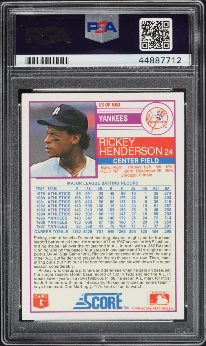 1988 Score Rickey Henderson #13 PSA 9 MINT