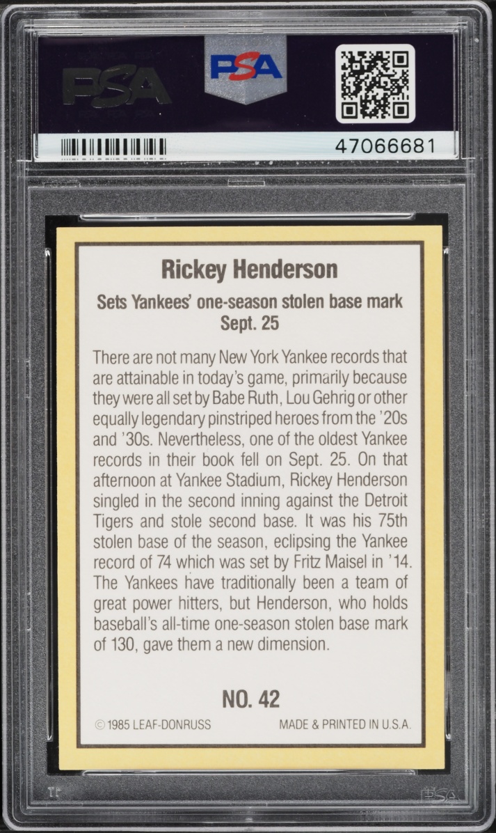 1985 Donruss Highlights Rickey Henderson #42 PSA 9 MINT