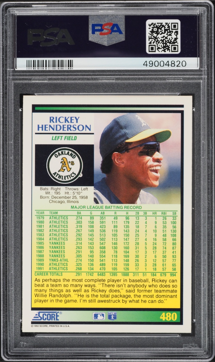 1992 Score Rickey Henderson #480 PSA 9 MINT