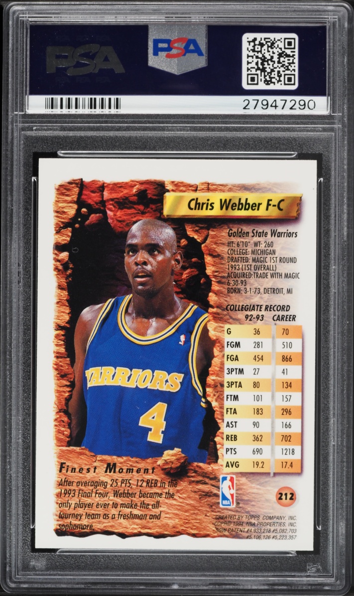 1993 Finest Refractor Chris Webber ROOKIE #212 PSA 8 NM-MT