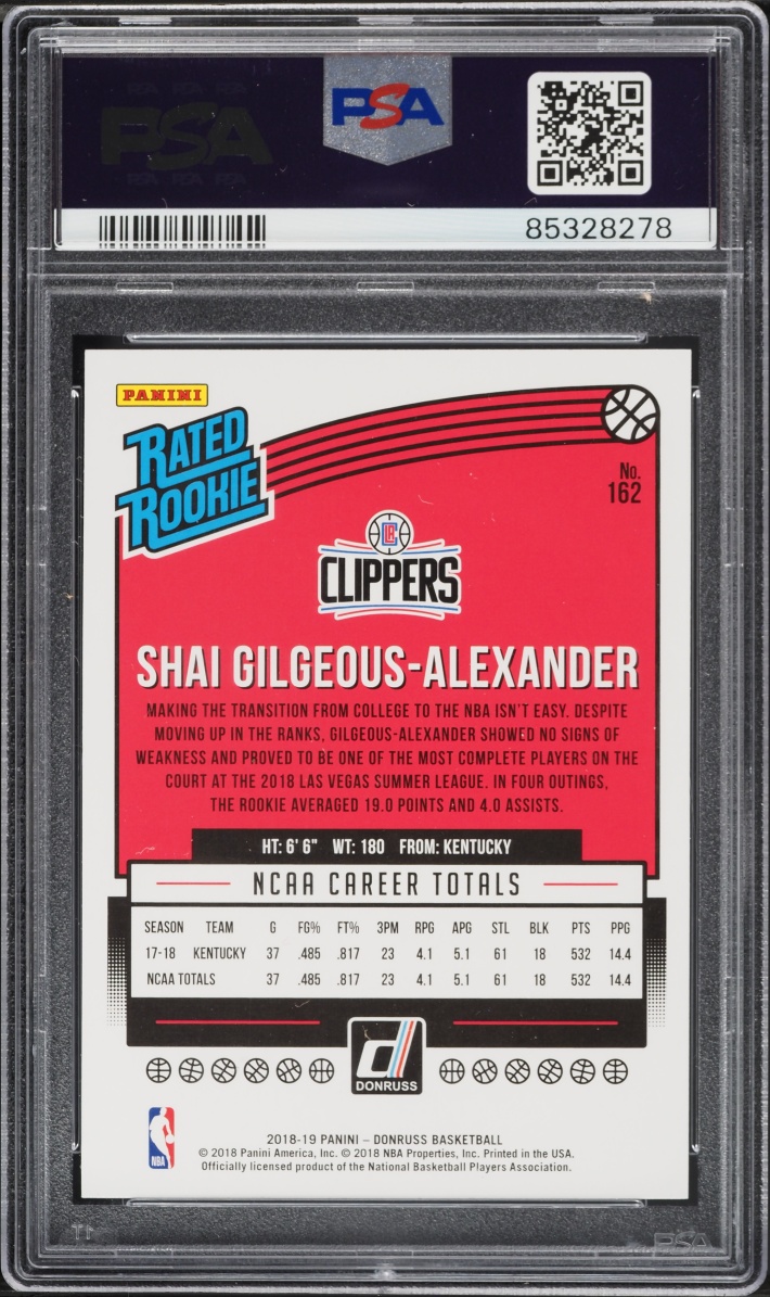 2018 Donruss Basketball Shai Gilgeous-Alexander ROOKIE #162 PSA 10 GEM MINT