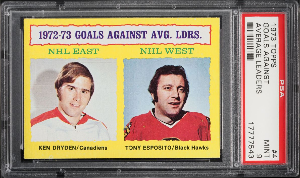 1973 Topps Hockey Ken Dryden & Tony Esposito GOALS AGAINST LDRS #4 PSA 9 MINT