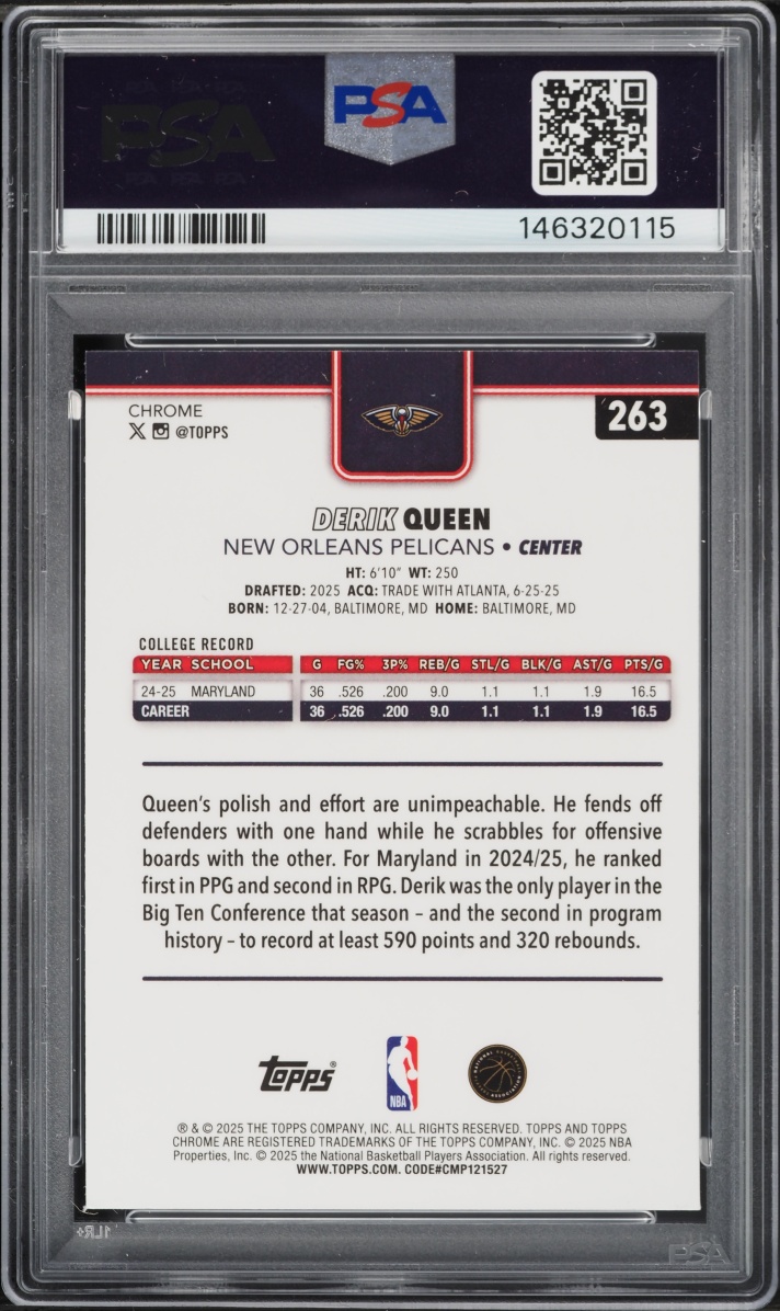 2025 Topps Chrome Prism Refractor Derik Queen ROOKIE #263 PSA 9 MINT